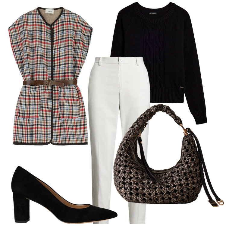 Outfit donna - Tartan festoso. Stile Preppy per Tutti i giorni. Abbinamento con borse a spalla, maglieria, gilet, pantaloni, décolleté.