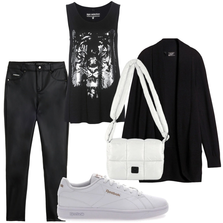 Outfit donna - Black and white. Stile Basic per Serata fuori. Abbinamento con cardigans, top, pantaloni skinny, borse a spalla, sneakers.