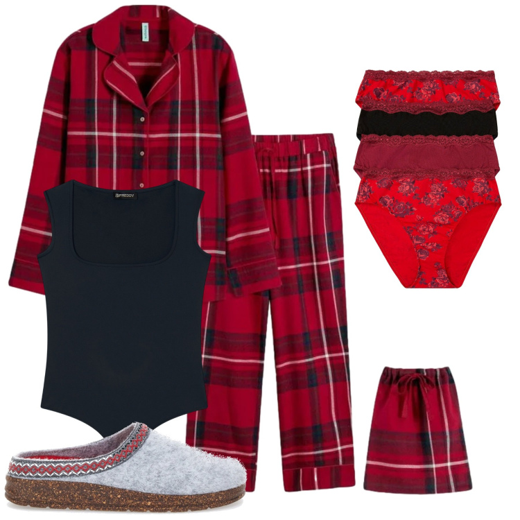 Outfit donna - Resto in pigiama. Stile Casual per Tutti i giorni. Abbinamento con pigiama, culotte, body, pantofole.