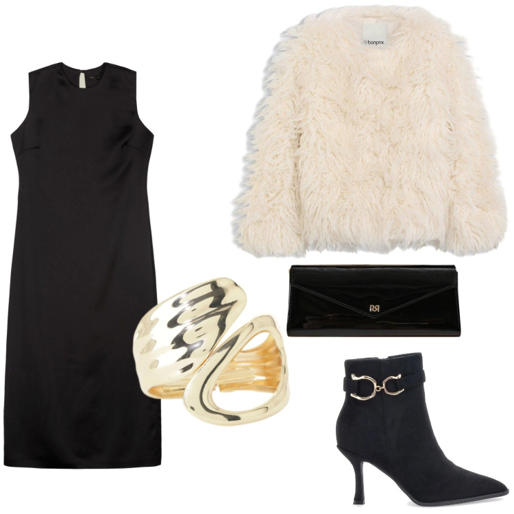 Outfit donna - L\'anello da cocktail. Stile Chic per Serata fuori. Abbinamento con ecopellicce, pochette, anelli, vestiti lunghi, stivaletti.