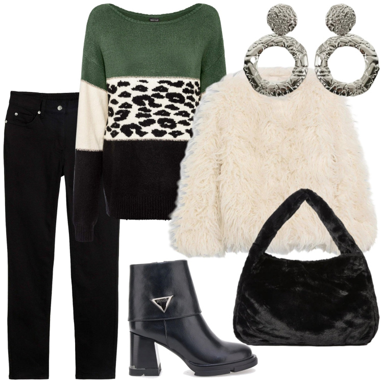 Outfit donna - Voglia di morbidezza. Stile Casual chic per Tutti i giorni. Abbinamento con jeans slim fit, maglieria, ecopellicce, orecchini, stivaletti, borse a spalla.