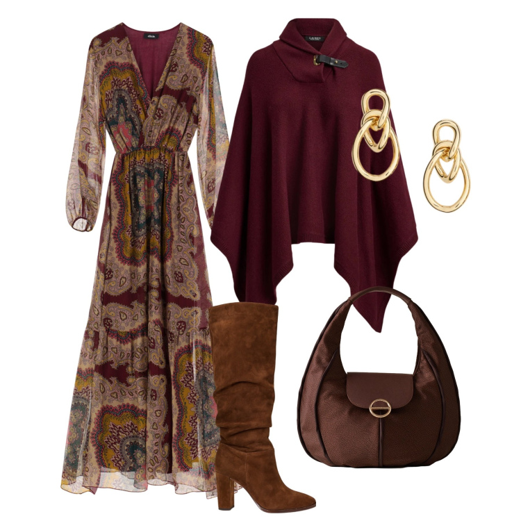 Outfit donna - Serata paisley. Stile Boho per Serata fuori. Abbinamento con borse a spalla, vestiti lunghi, stivali, cappotti, orecchini.