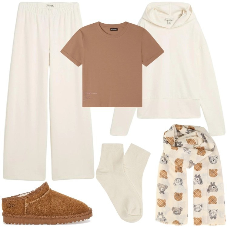 Outfit donna - Oggi Relax!. Stile Basic per Tutti i giorni. Abbinamento con pantaloni, felpe con cappuccio, foulard, t-shirt, zoccoli, collant.