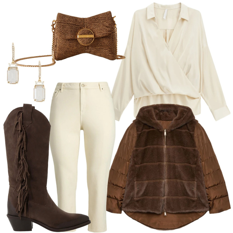 Outfit donna - L\'ecopelliccia morbida. Stile Glamour per Serata fuori. Abbinamento con camicie, pochette, stivali, jeans dritti, orecchini, ecopellicce.