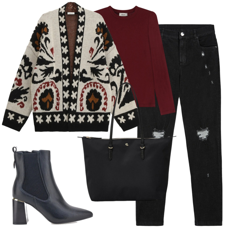 Outfit donna - Dicembre. Stile Casual chic per Tutti i giorni. Abbinamento con jeans skinny, cardigans, t-shirt, borse tote, stivaletti.