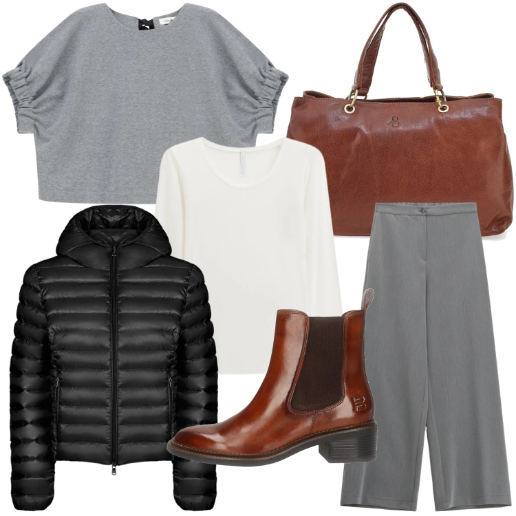 Outfit donna - Giornata casual. Stile Casual per Tutti i giorni. Abbinamento con pantaloni a palazzo, t-shirt, felpe, blazer, borse a tracolla, stivaletti chelsea.