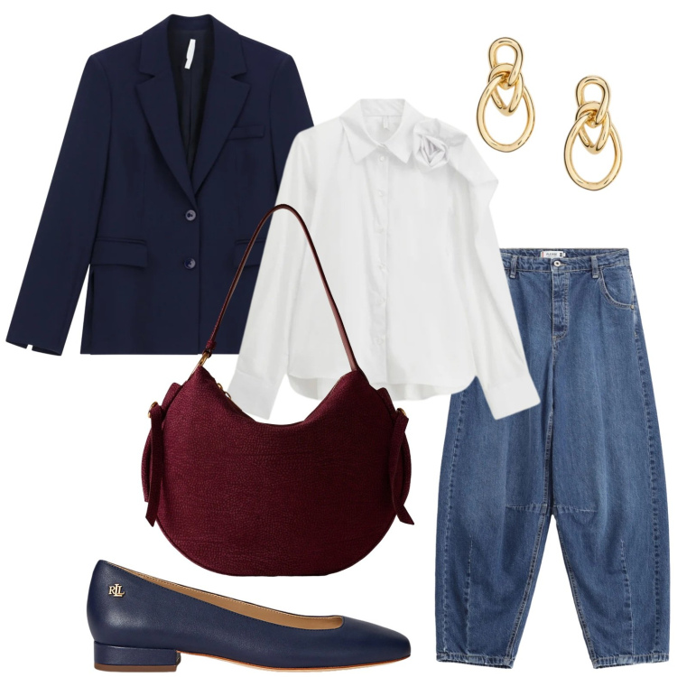 Outfit donna - Blazer e ballerine. Stile Mannish per Ufficio. Abbinamento con jeans, blazer, camicie, borse a spalla, ballerine, orecchini.