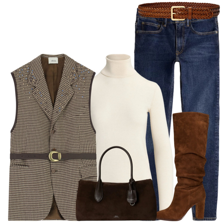 Outfit donna - City. Stile Casual chic per Tutti i giorni. Abbinamento con gilet, maglieria, jeans slim fit, stivali, cinture, borse a mano.