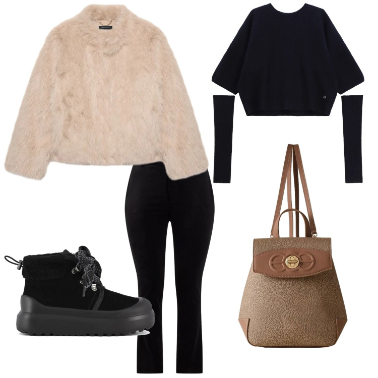 Outfit donna - Giornata fredda. Stile Urban per Tutti i giorni. Abbinamento con maglieria, zaini, pantaloni, stivali, ecopellicce.