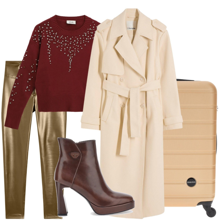 Outfit donna - Skinny oro. Abbinamento con trench, pantaloni skinny, maglieria, stivaletti, valigie.