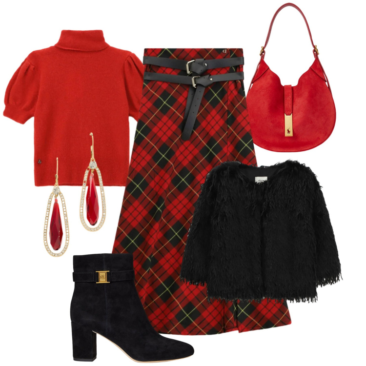 Outfit donna - Xmas time. Stile Casual chic per Tutti i giorni. Abbinamento con gonne lunghe, maglieria, blazer, borse a spalla, stivaletti, orecchini.