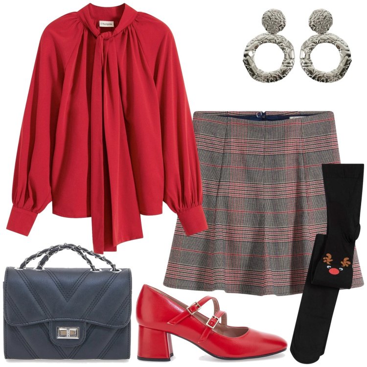 Outfit donna - Blusa e décolleté rosse. Stile Casual chic per Serata fuori. Abbinamento con minigonne, collant, camicie, orecchini, décolleté, borse a tracolla.