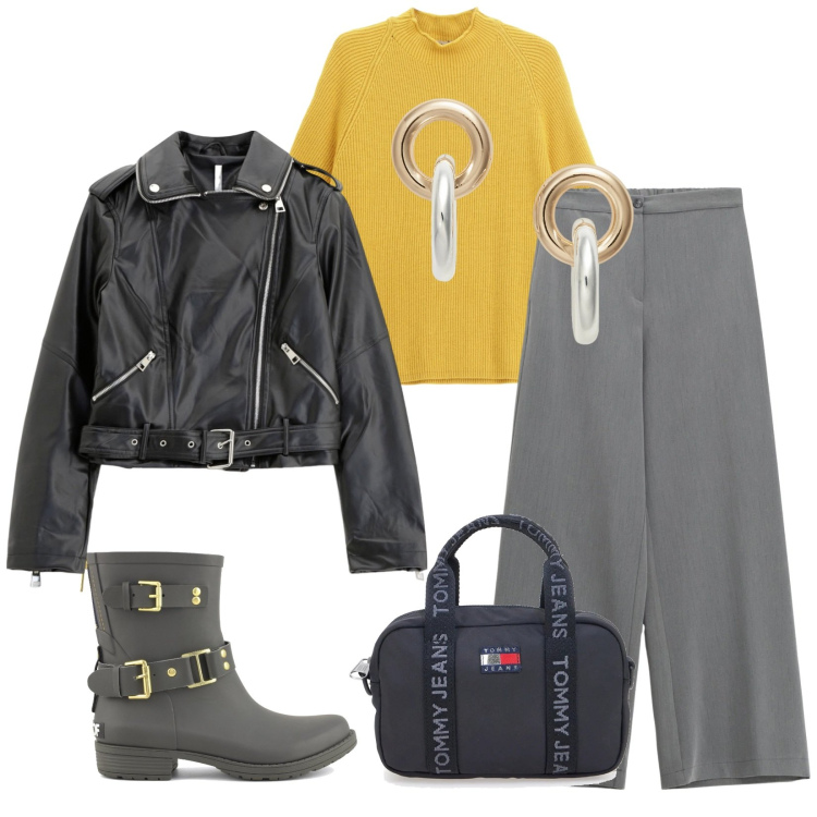 Outfit donna - Total look #2300714. Stile Urban per Tutti i giorni. Abbinamento con pantaloni a palazzo, giacche, maglieria, orecchini, stivali, borse a tracolla.