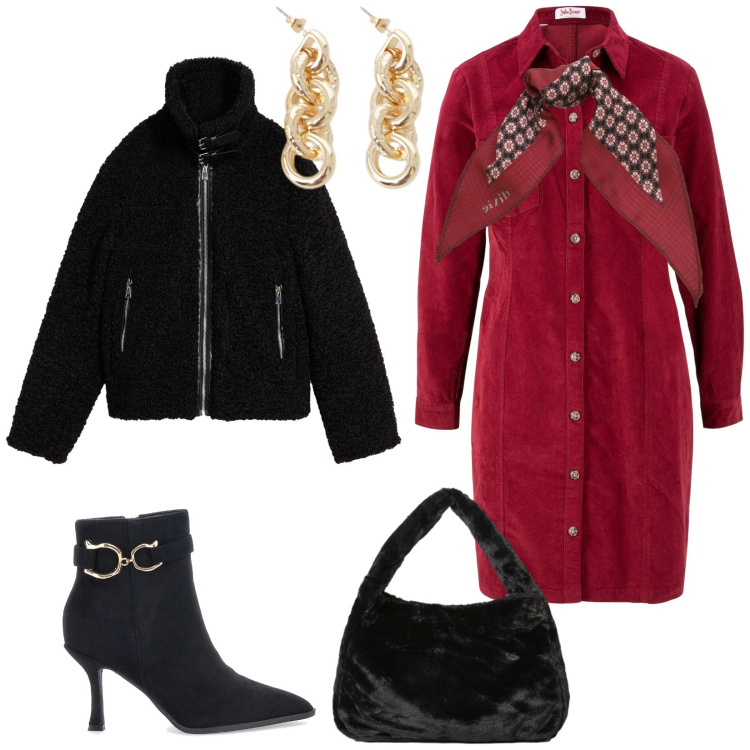 Outfit donna - Total look #2300718. Stile Chic per Tutti i giorni. Abbinamento con vestiti, ecopellicce, foulard, orecchini, stivaletti, borse a spalla.