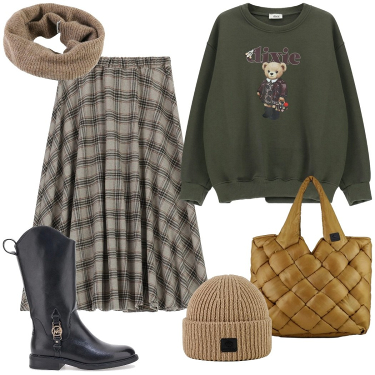 Outfit donna - Total look #2300719. Stile Casual chic per Tutti i giorni. Abbinamento con gonne longuette, felpe, berretti, borse tote, scaldacollo, stivaletti.