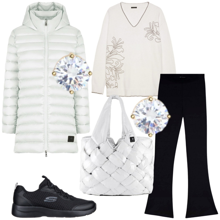 Outfit donna - Total look #2300720. Stile Sporty chic per Tutti i giorni. Abbinamento con pantaloni, orecchini, piumini, borse tote, sneakers, maglieria.