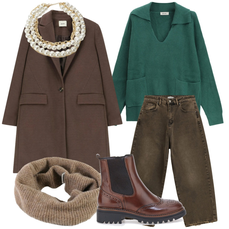Outfit donna - Giorni di dicembre. Stile Casual per Tutti i giorni. Abbinamento con pantaloni a palazzo, maglieria, cappotti, collane, scaldacollo, stivaletti chelsea.