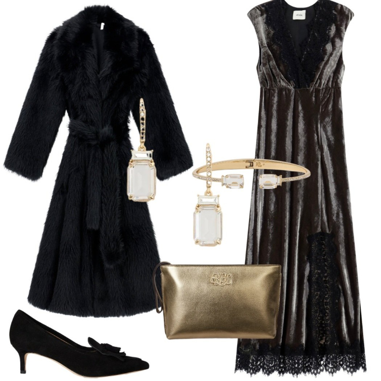 Outfit donna - Capodanno al teatro dell\' opera. Stile Glamour per Cerimonia. Abbinamento con cappotti, vestiti lunghi, décolleté, pochette, orecchini, braccialetti.