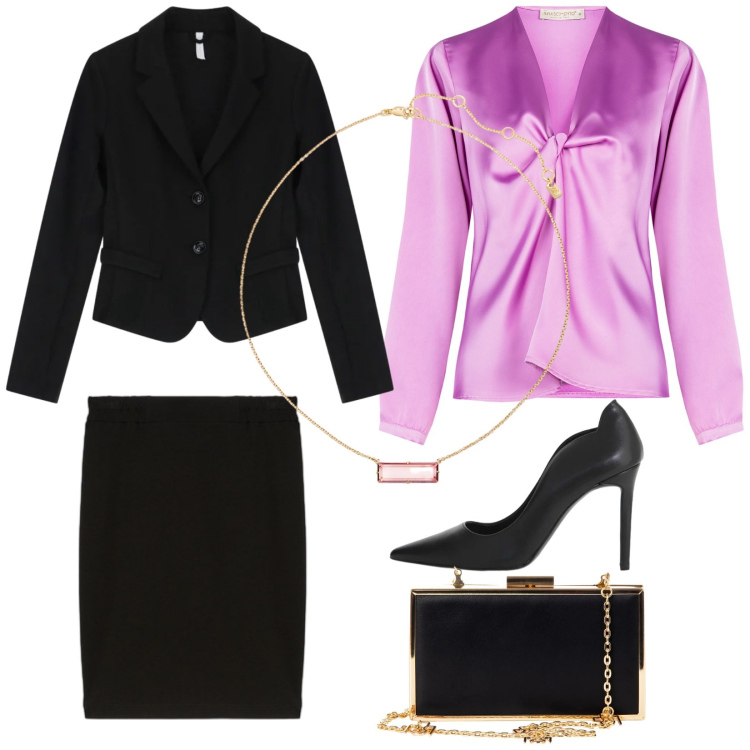 Outfit donna - Total look #2300724. Stile Glamour per Cerimonia. Abbinamento con pochette, bluse, blazer, décolleté, collane, gonne longuette.