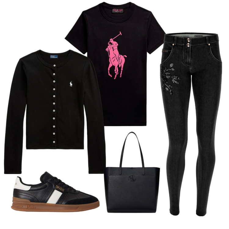 Outfit donna - Total look #2300725. Stile Casual per Tutti i giorni. Abbinamento con jeans skinny, cardigans, borse tote, sneakers, t-shirt.