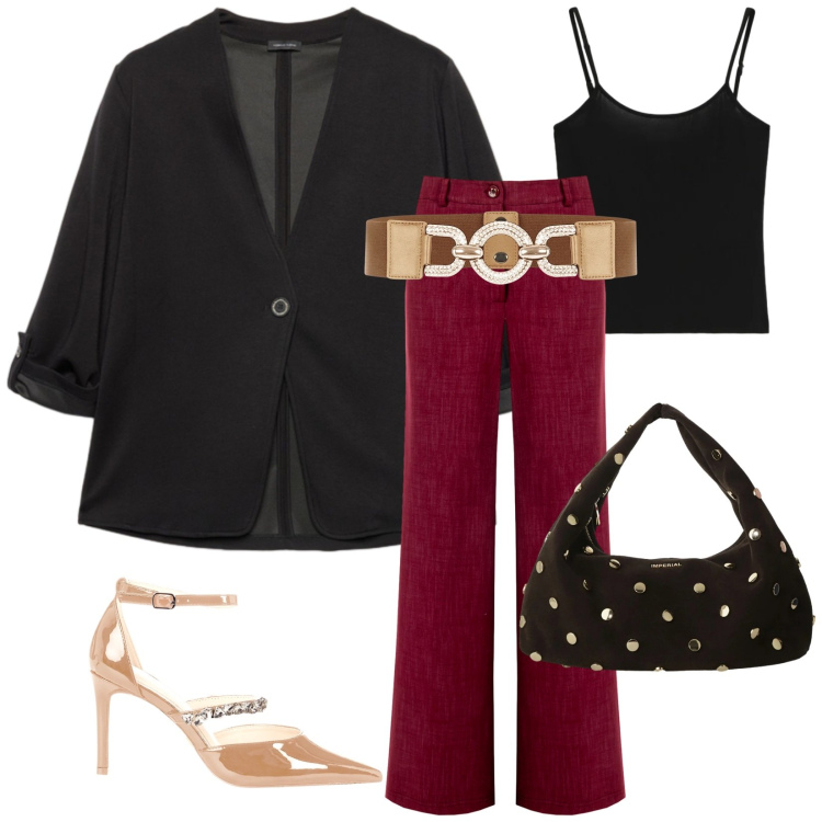 Outfit donna - Total look #2300729. Stile Chic per Serata fuori. Abbinamento con top, pantaloni, cinture, décolleté, borse a spalla, blazer.