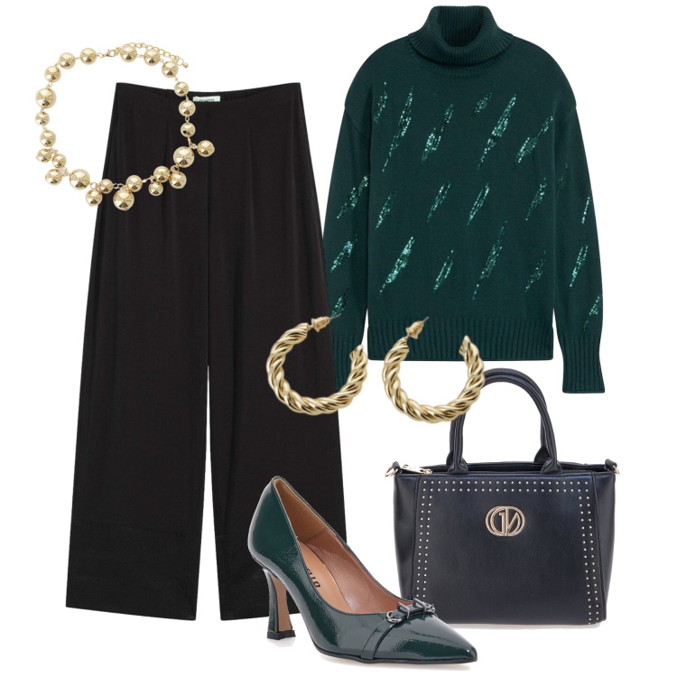 Outfit donna - Ufficio sotto le feste. Stile Glamour per Ufficio. Abbinamento con maglieria, pantaloni, collane, orecchini, borse a mano, décolleté.