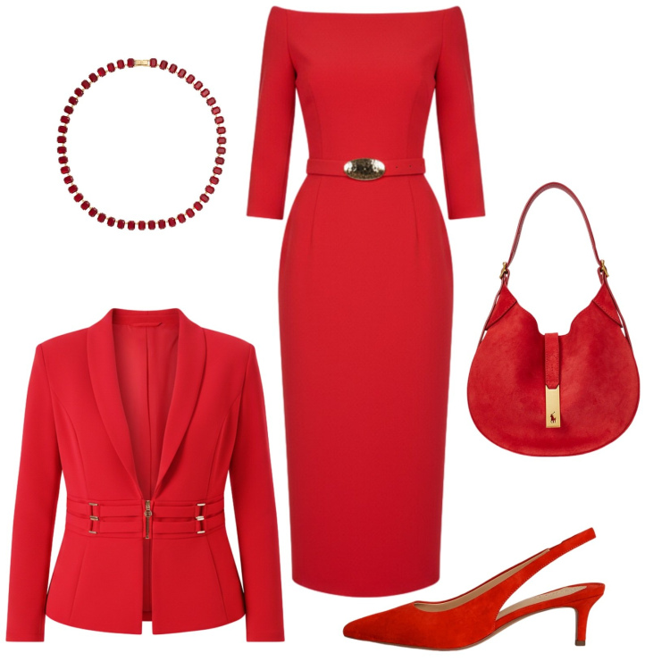 Outfit donna - Red. Stile Glamour per Serata fuori. Abbinamento con blazer, vestiti midi/longuette, décolleté, borse a spalla, collane.