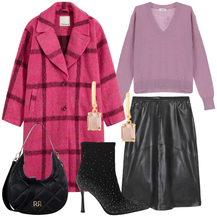 Outfit donna - Cena del sabato. Stile Casual chic per Serata fuori. Abbinamento con cappotti, borse a tracolla, stivaletti, maglieria, orecchini, gonne lunghe.