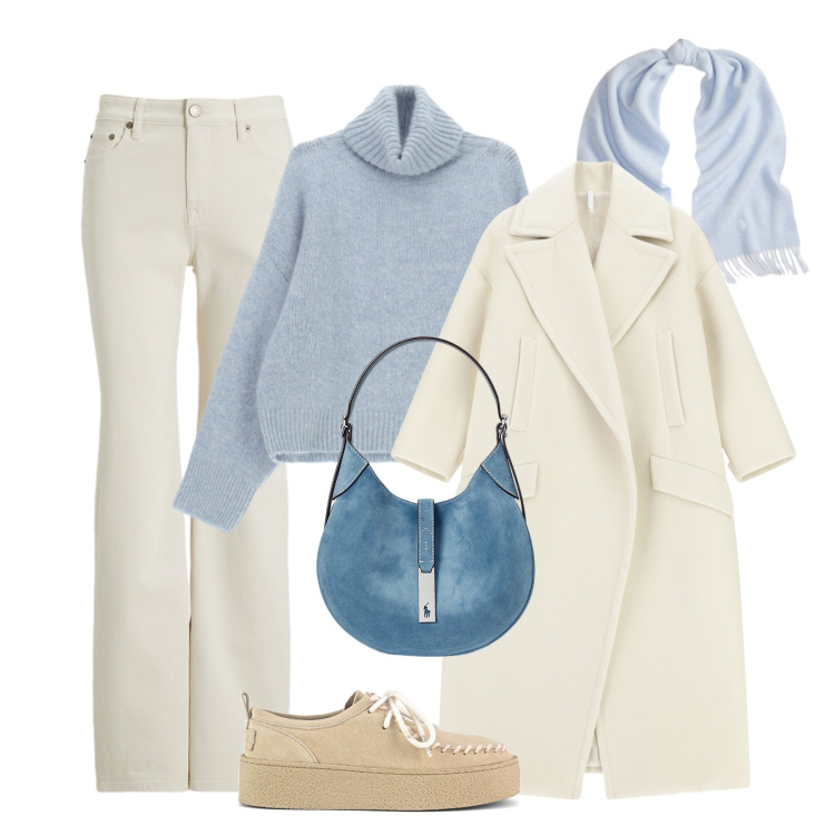 Outfit donna - Total look cozy urban. Stile Casual chic per Tutti i giorni. Abbinamento con maglieria, cappotti, borse a spalla, sciarpe, jeans dritti, mocassini.