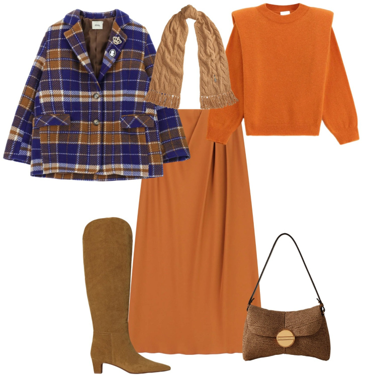 Outfit donna - Casual chic arancione e scozzese. Stile Casual chic per Tutti i giorni. Abbinamento con borse a tracolla, cappotti, gonne lunghe, maglieria, sciarpe, stivali.