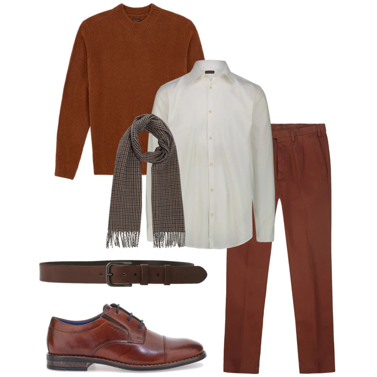Outfit uomo - Total look #2300739. Stile Business/Elegante per Ufficio. Abbinamento con cinture, scarpe stringate, camicie, pantaloni, maglieria, sciarpe.