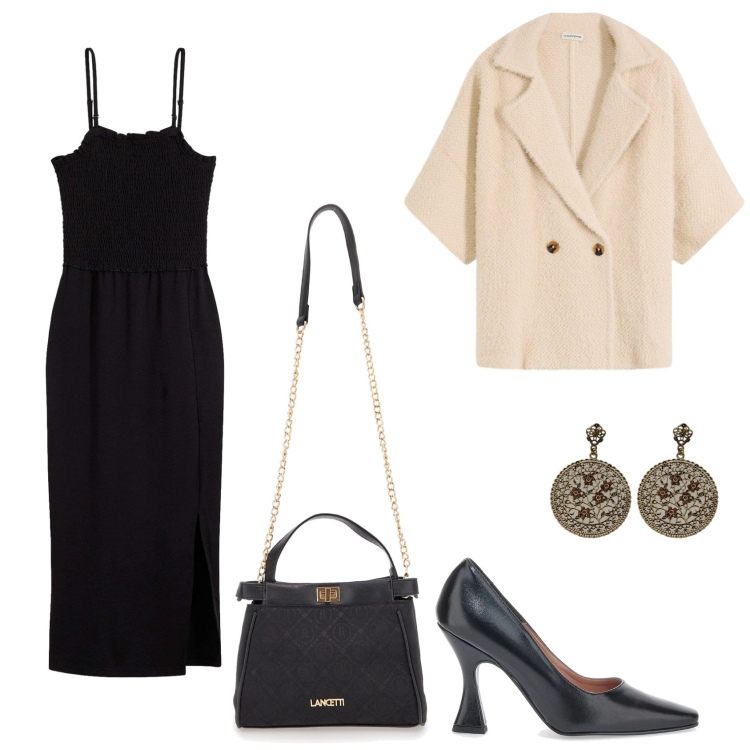 Outfit donna - Total look #2300740. Stile Casual chic per Serata fuori. Abbinamento con cardigans, vestiti midi/longuette, orecchini, borse a tracolla, décolleté.