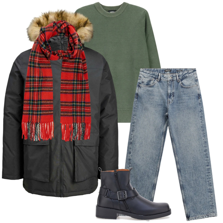 Outfit uomo - Total look #2300745. Stile Trendy per Tutti i giorni. Abbinamento con parka, jeans dritti, pullovers, sciarpe, stivali e stivaletti.