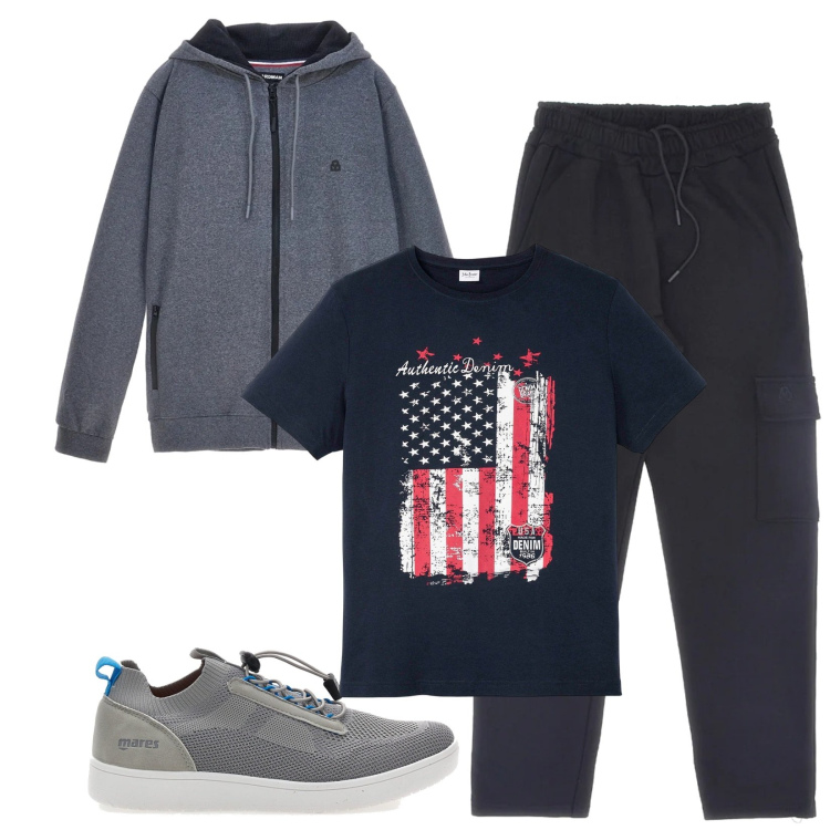 Outfit uomo - Total look #2300746. Stile Urban per Sport. Abbinamento con t-shirt, sneakers, felpe con cappuccio, pantaloni cargo.