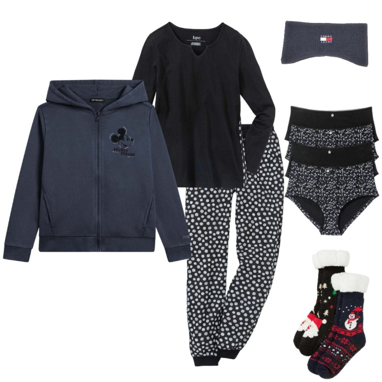 Outfit donna - Home sweet home. Stile Casual per Tutti i giorni. Abbinamento con pigiama, culotte, calzini, felpe con cappuccio, fasce per capelli.