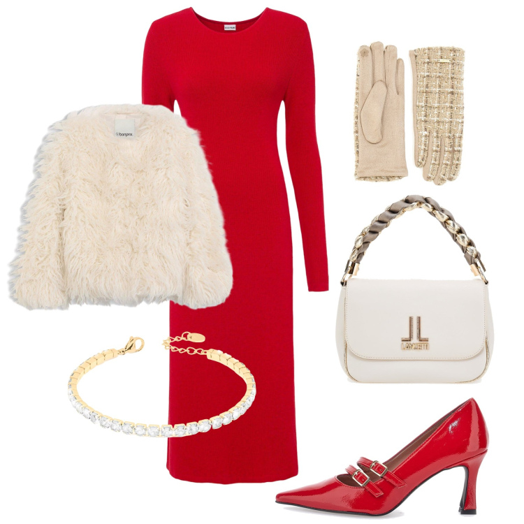 Outfit donna - Antivigilia con amici. Stile Glamour per Serata fuori. Abbinamento con vestiti, ecopellicce, braccialetti, décolleté, guanti, borse a tracolla.