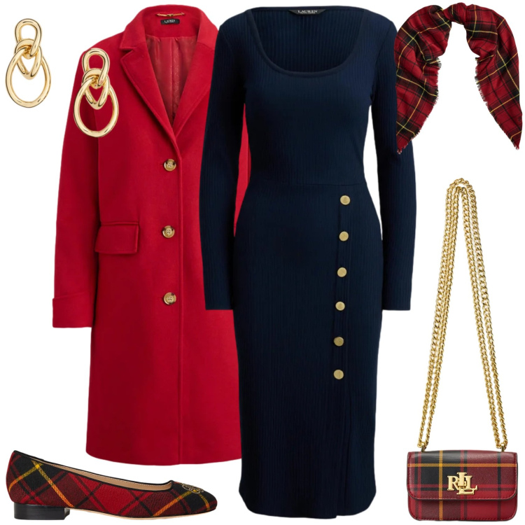 Outfit donna - Dettagli tartan. Stile Chic per Cerimonia. Abbinamento con cappotti, ballerine, sciarpe, pochette, vestiti a tubino, orecchini.