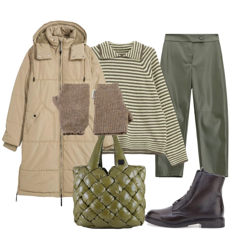 Outfit donna - In città. Stile Casual chic per Tutti i giorni. Abbinamento con piumini, maglieria, pantaloni, borse tote, guanti, anfibi.