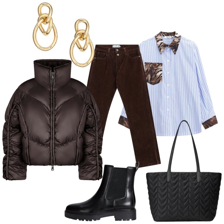 Outfit donna - Il caldo bomber marrone. Stile Casual chic per Tutti i giorni. Abbinamento con camicie, pantaloni, stivaletti chelsea, borse tote, orecchini, piumini.
