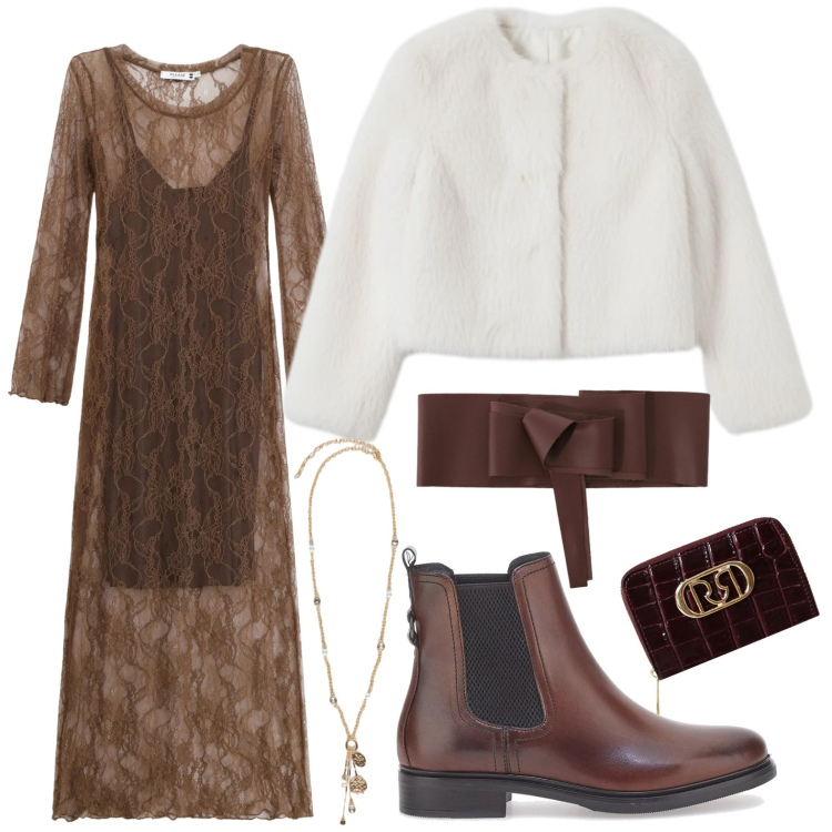 Outfit donna - Trasparenze chocolat. Stile Glamour per Serata fuori. Abbinamento con vestiti lunghi, ecopellicce, portafogli, cinture, stivaletti, ciondoli.