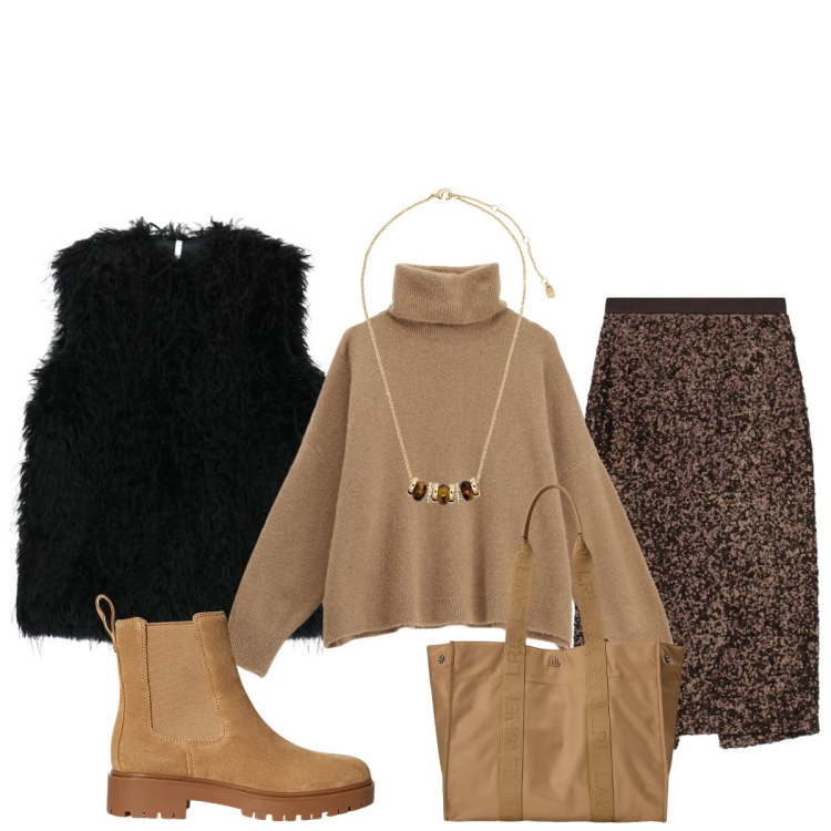 Outfit donna - In città. Stile Casual chic per Tutti i giorni. Abbinamento con gonne longuette, maglieria, piumini, borse tote, stivaletti chelsea, collane.