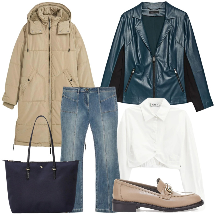 Outfit donna - Lunedì dinamico. Stile Casual per Tutti i giorni. Abbinamento con piumini, camicie, borse tote, mocassini, jeans, giacche.