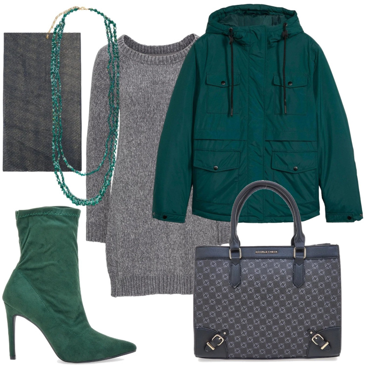 Outfit donna - Touch green. Stile Minimal per Ufficio. Abbinamento con vestiti, blazer, stivaletti, borse a tracolla, collane, stole.