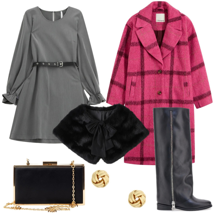 Outfit donna - Il cappotto confetto. Stile Minimal per Serata fuori. Abbinamento con cappotti, pochette, stole, vestiti corti, orecchini, stivali.