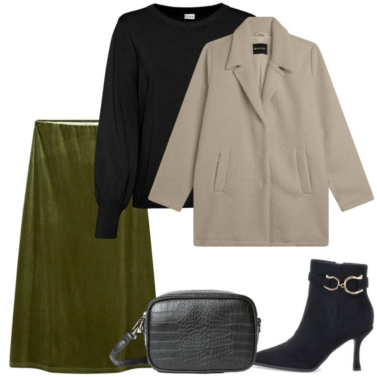 Outfit donna - Discreta eleganza. Stile Chic per Serata fuori. Abbinamento con gonne longuette, maglieria, cappotti, stivaletti, borse a tracolla.