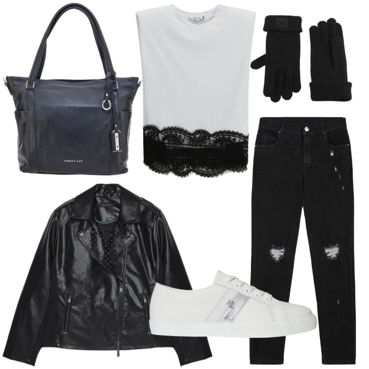 Outfit donna - Tempo di pizzo. Stile Minimal per Tutti i giorni. Abbinamento con top, jeans skinny, guanti, sneakers, giacche, shopping bag.