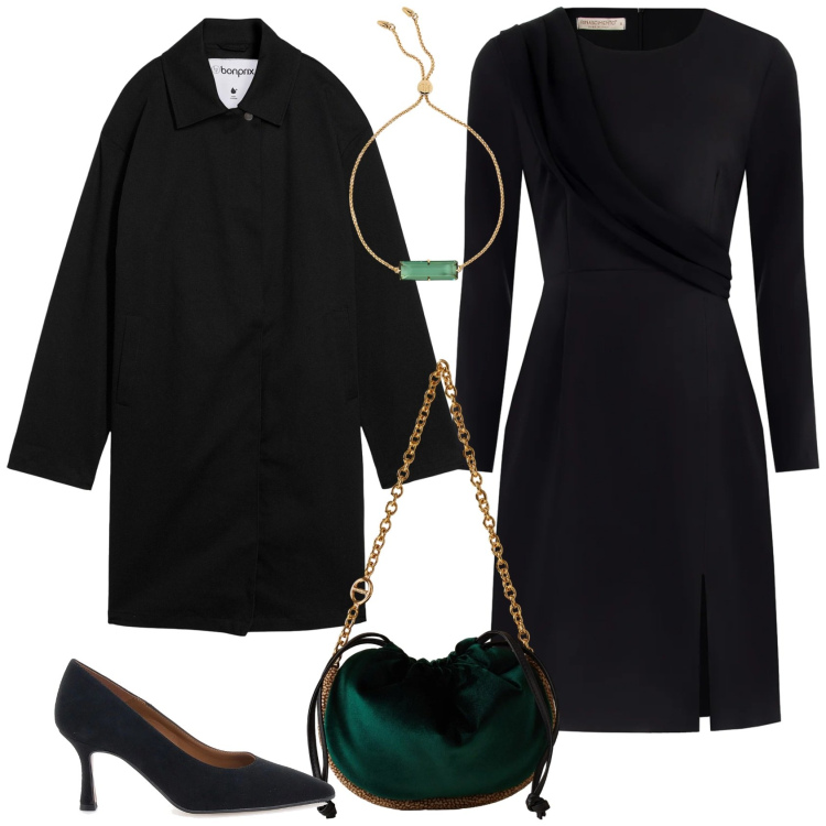 Outfit donna - Focus sulla borsa. Stile Chic per Serata fuori. Abbinamento con trench, vestiti a tubino, borse a spalla, braccialetti, décolleté.