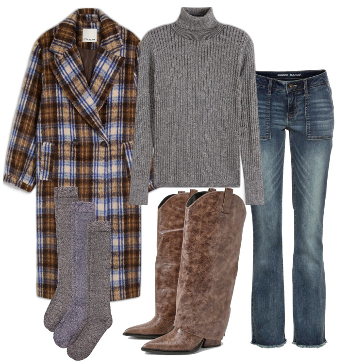 Outfit femme - Décembre. Style Casual chic pour Tous les jours. Assortir avec jean bootcut, manteaux, socquettes, t-shirts, bottines.