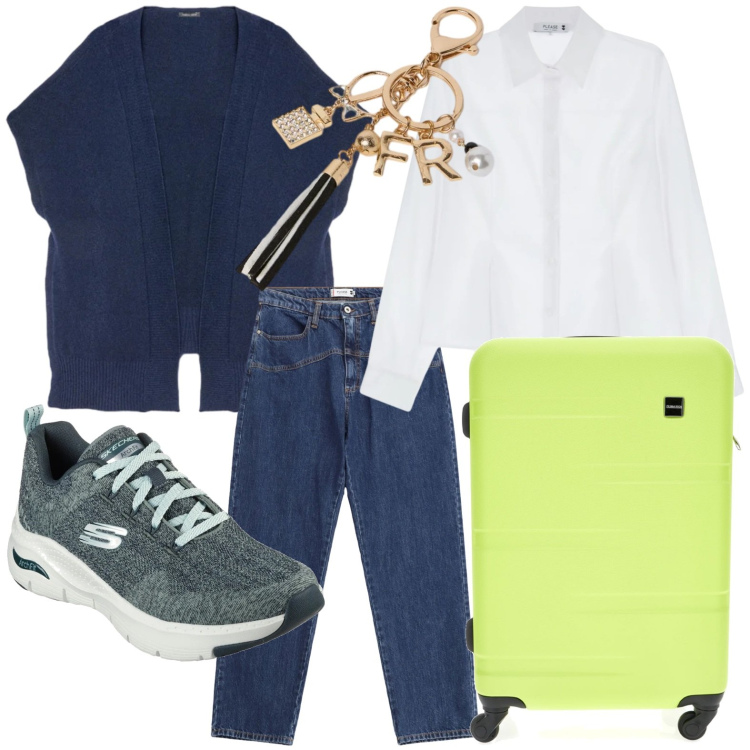 Outfit donna - Viaggiare casual. Stile Minimal per Tutti i giorni. Abbinamento con jeans, camicie, sneakers, valigie, portachiavi, gilet.