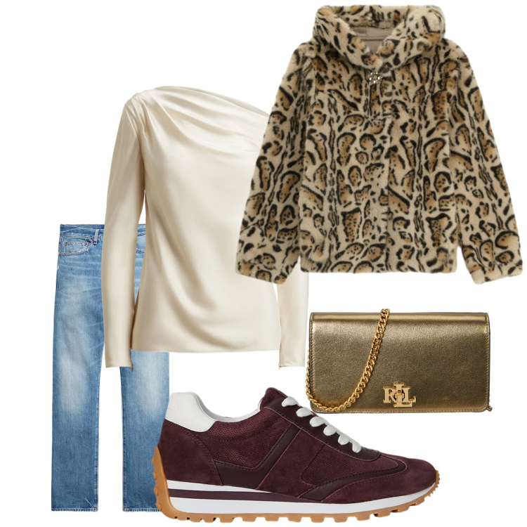 Outfit donna - Città. Stile Casual chic per Ufficio. Abbinamento con ecopellicce, jeans dritti, sneakers, borse a mano, bluse.